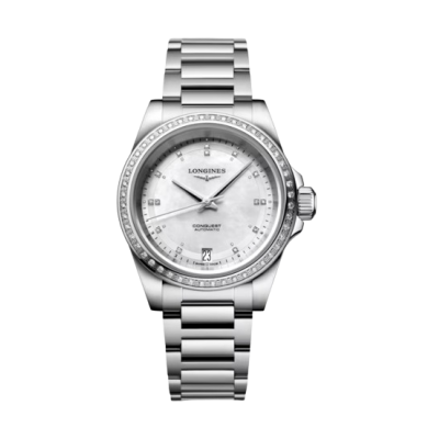 Longines Conquest L34300876 automatic watch diamond indexes, diamonds bezel
